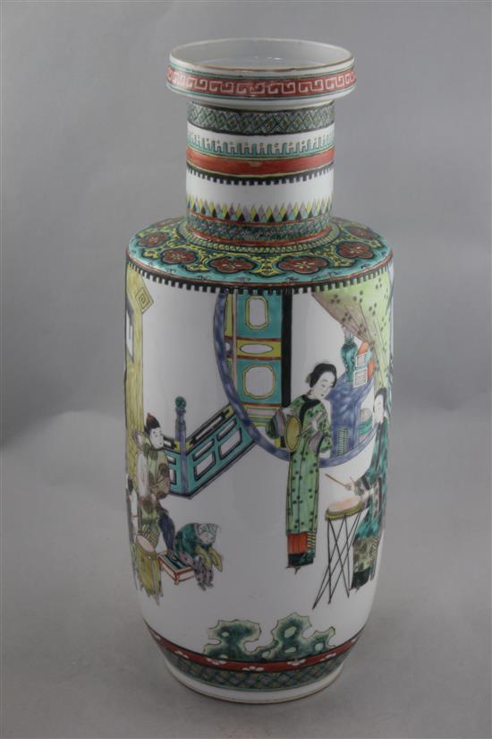 A Chinese famille verte rouleau vase, late 19th century, 45.5cm, restored
